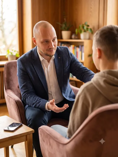 Fabian Fehervary im ruhigen Coaching-Gespräch mit einem Jugendlichen, das Handy liegt weg