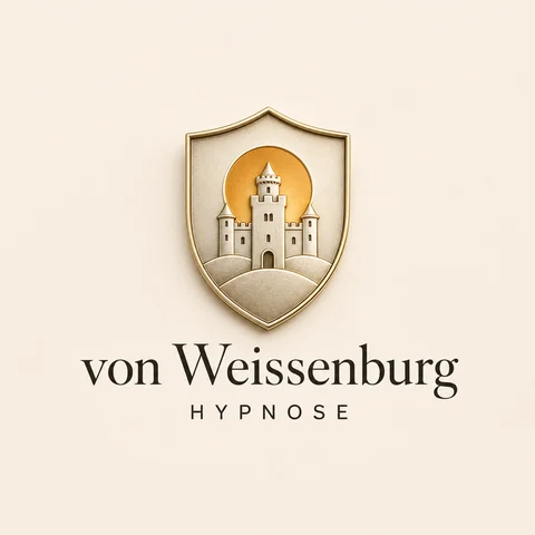 von Weissenburg Hypnose, Schild mit weißer Burg vor aufgehender Sonne